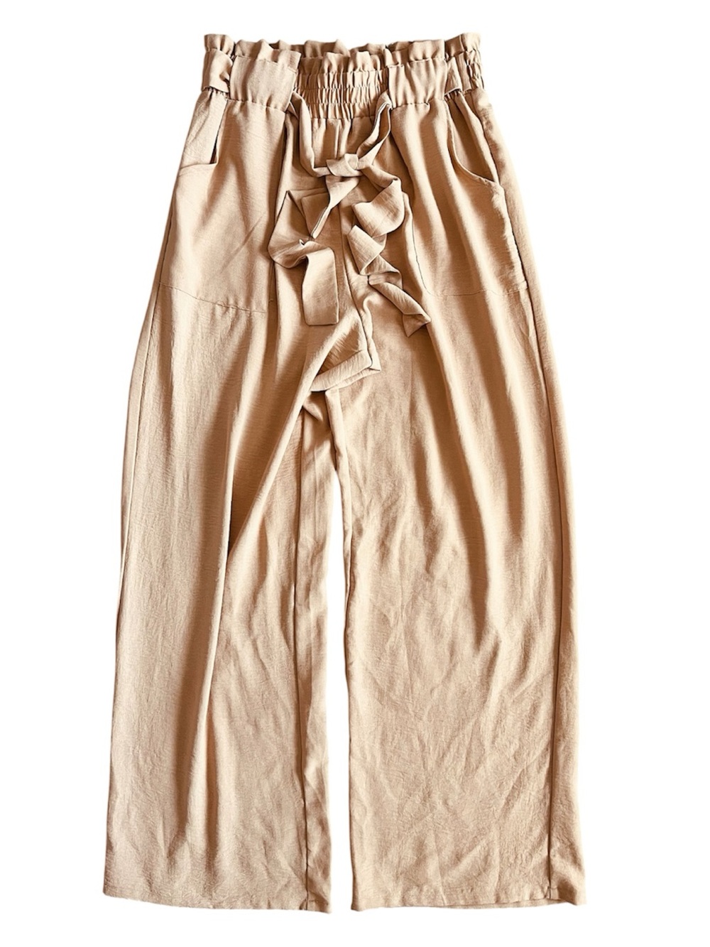 Woven Tie-Waist Wide-Leg Pants - Beige Size Medium